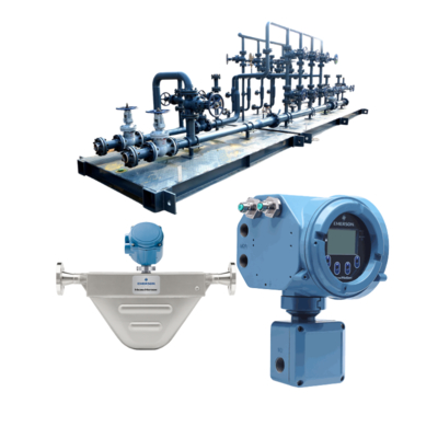 Natural gas valve skid equipped with a Micro Motion F100A Coriolis flowmeter and a 5700 field-installed transmitter.