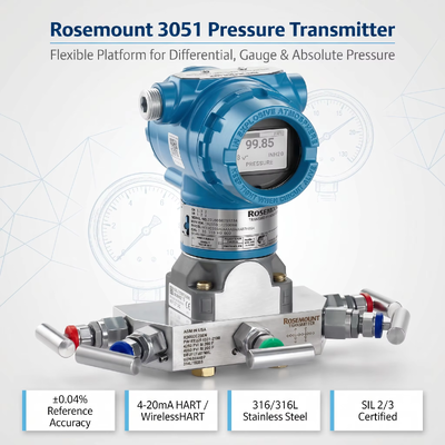 جهاز إرسال الضغط الذكي Rose-mount 3051 مع الفولاذ المقاوم للصدأ 316L 4-20 مللي أمبير DC / HART و±0.04% من دقة الامتداد