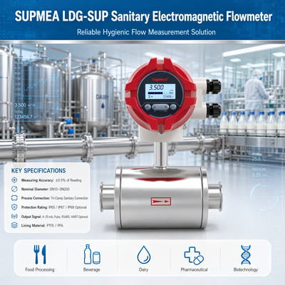 Supmea LDG-SUP LDG-SUP-A100 عداد تدفق الكهرومغناطيسي الصحي عداد تدفق السائل الموصل للعمليات الصيدلانية