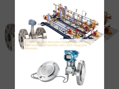 نظام مجموعة صمامات الغاز الطبيعي المزود بعداد تدفق دوامي من سلسلة Rosemount 8800 وجهاز إرسال مستوى شفة 3051L.